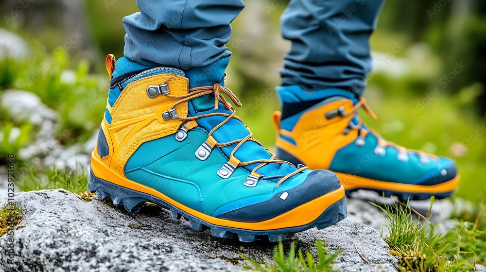 Close-up of a hiker's feet wearing blue, yellow, and black hiking boots on a rocky trail. Close-up of a hiker's feet wearing blue, yellow, and black hiking boots on a rocky trail.