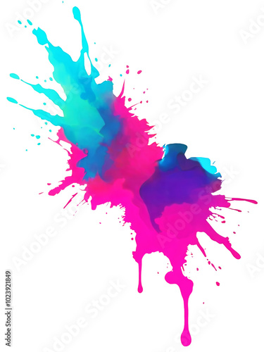 Vibrant magenta and blue paint splatter on transparent background.