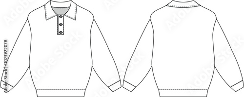 polo collared buttoned henley neck long balloon sleeve loose slouchy sweater swetshirt knitwear template technical drawing flat sketch cad mockup fashion men mens male man design style model
