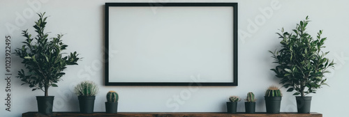 Empty frame on a white wall with plants and cacti.
