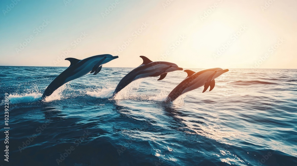 Fototapeta premium Playful Dolphins Jumping in Sunset Waves