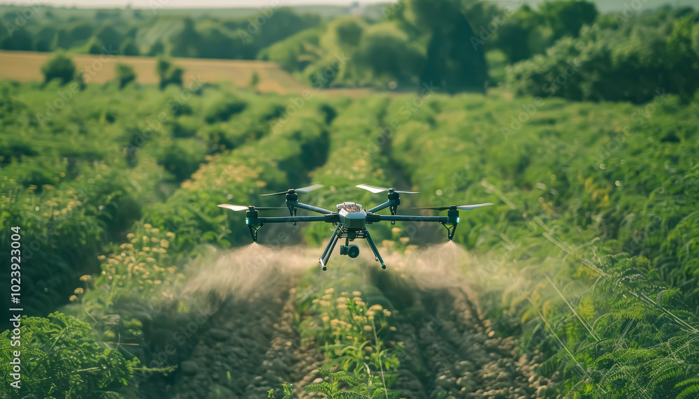 Fototapeta premium Drone spraying a field of crops. The drone is spraying the crops with a mist of water
