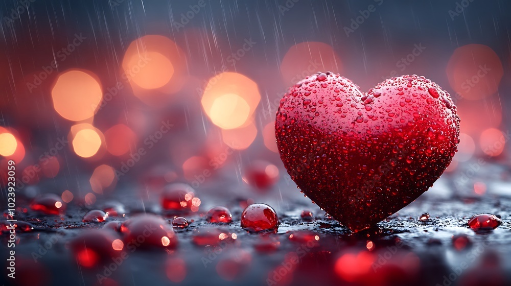 A red heart with rain drops sits on a wet surface with blurry warm lights in the background. A red heart with rain drops sits on a wet surface with blurry warm lights in the background.