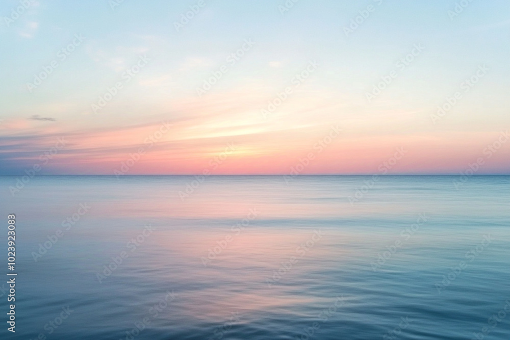 Fototapeta premium pastel sunset colors on ocean, horizon line in the middle of the frame.