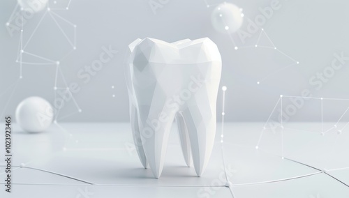 3D low poly model of a tooth on a white background, minimalistic design with thin lines and dots connecting elements, simple geometry in the style of simple geometry