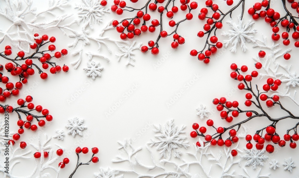 A white background with red berries and snowflakes A white background with red berries and snowflakes
