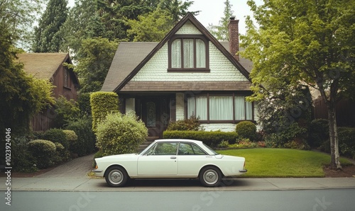 A white car is parked in front of the house