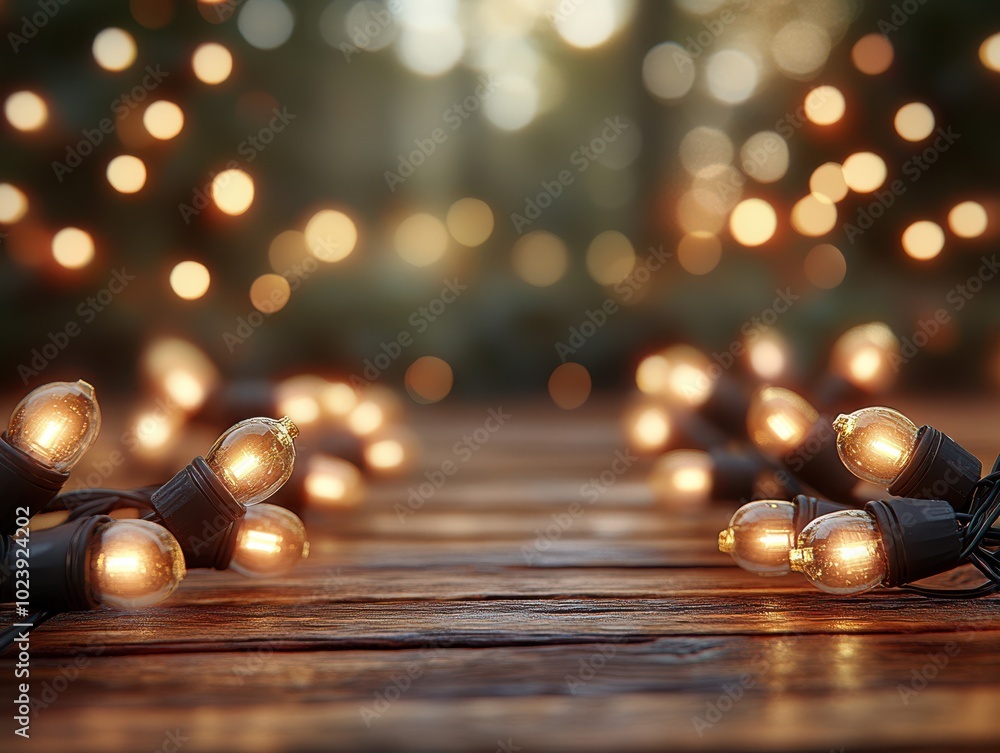 Naklejka premium Magical Evening Garden with Warm Glow String Lights on Rustic Wooden Table, Perfect for Outdoor Gatherings and Celebrations