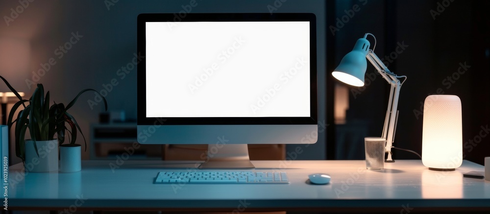 A blank white computer screen with a dark background. A desk in the foreground, in a modern office setting