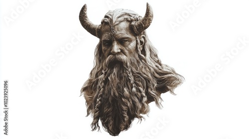 portrayal showcases Bragi the god of poetry from Scandinavian mythology characterized by his long beard braids and prominent horns embodying a powerful presence.