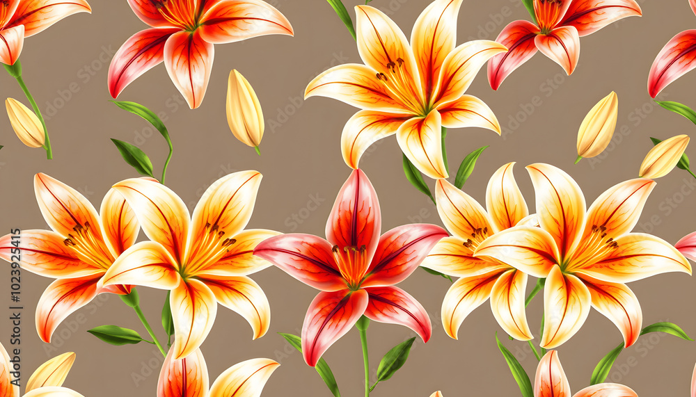 Fototapeta premium Illustrations of lily flowers. Seamless pattern isolated with white highlights, png