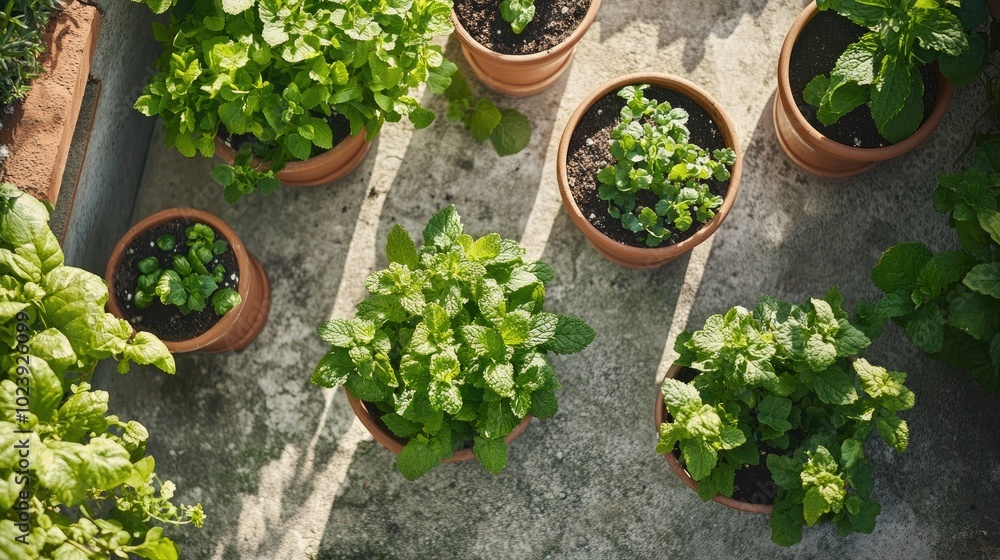 Fresh herbs in urban garden pots under sunlight Fresh herbs in urban garden pots under sunlight