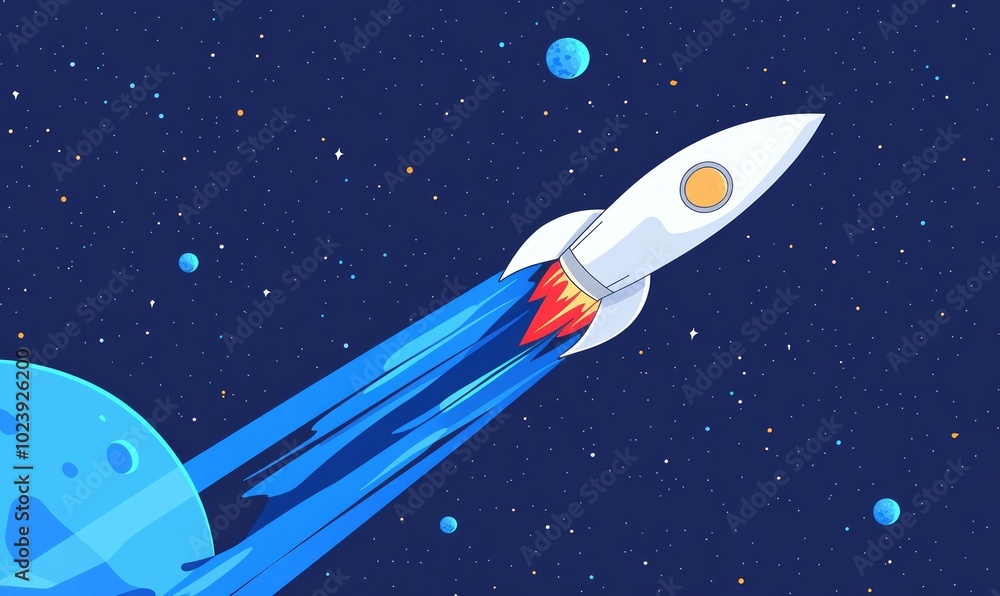 A white rocket is flying through space with a blue background A white rocket is flying through space with a blue background