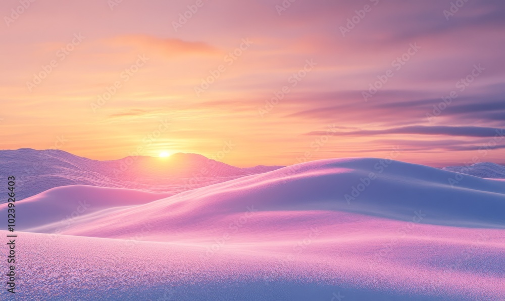Snow-covered hills under a winter sunset, with the sky ablaze in shades of pink and orange, reflecting on the snowy landscape Snow-covered hills under a winter sunset, with the sky ablaze in shades of pink and orange, reflecting on the snowy landscape