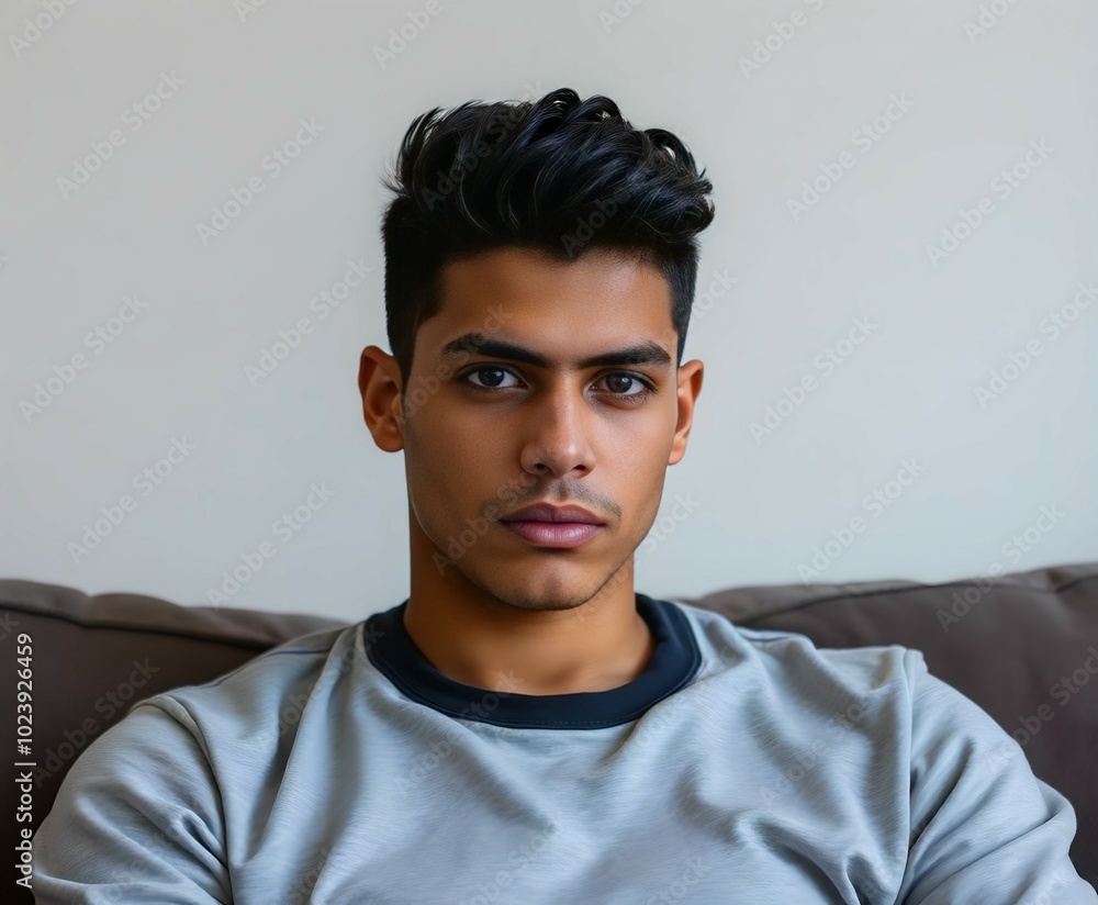 Fototapeta premium Young Hispanic Man Sitting on Couch with Serious Expressio