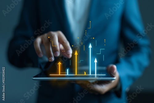 A businessman uses his tablet to help him cross the digital line with arrows pointing up and down, symbolizing an upward arrow in blue on one side and yellow arrows going upwards