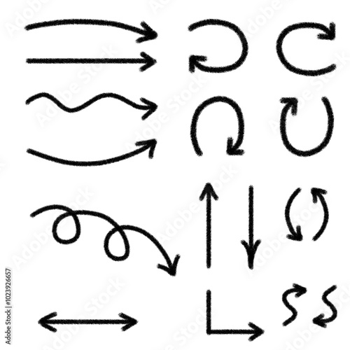 Set of arrows, pointers, handwritten of different shapes, black intermittent with high noise level, on white transparent isolated background