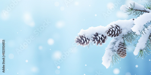 Tree branch and pine cones under snowfall on icy blue background with copy space