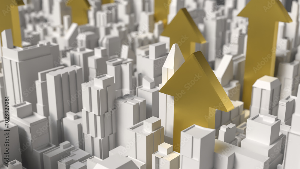 The City and gold arrow up for Business concept 3d rendering.. The City and gold arrow up for Business concept 3d rendering..