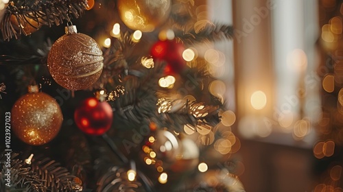 decorated Christmas tree with shiny gold bokeh light of Christmas celebration party at background 