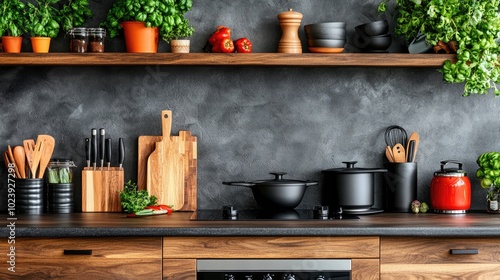 Modern Kitchen Shelf with Fresh Ingredients and Utensils