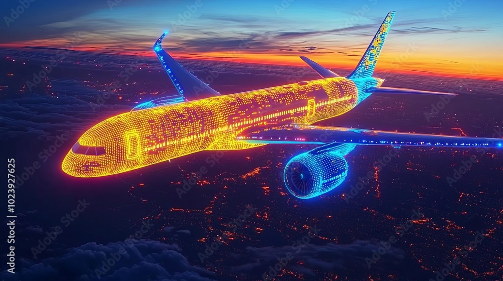 Naklejka premium International Civil Aviation Day Glowing airplanes on a digital flight map, neon blue and orange light symbolizing international travel, no face, vector art, high resolution