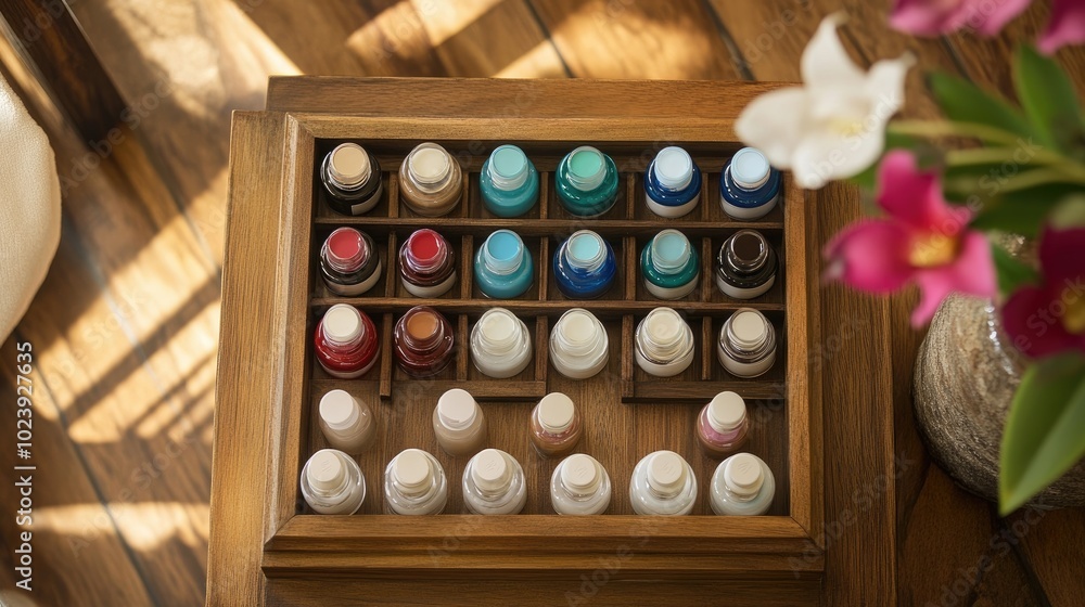 Vibrant Nail Polish Display in Wooden Organizer Vibrant Nail Polish Display in Wooden Organizer