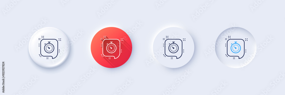 Timer line icon. Neumorphic, Red gradient, 3d pin buttons. Time or clock in speech bubble sign. Line icons. Neumorphic buttons with outline signs. Vector Timer line icon. Neumorphic, Red gradient, 3d pin buttons. Time or clock in speech bubble sign. Line icons. Neumorphic buttons with outline signs. Vector