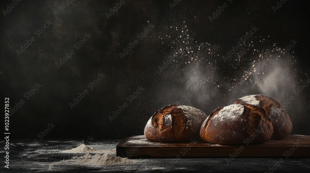 Freshly baked loaves of bread with flour dusting on a rustic wooden board. Freshly baked loaves of bread with flour dusting on a rustic wooden board.