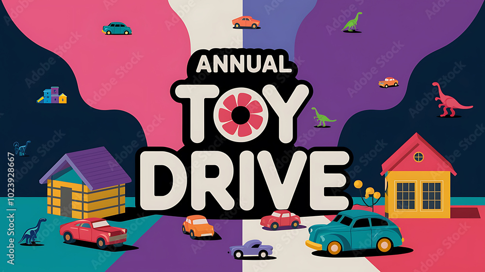 Naklejka premium Colorful Toy Drive Banner with Houses and Cars for Charity Event. 