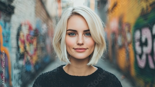 A young woman with short blonde hair stands confidently in a vibrant, graffiti-covered alleyway, showcasing a modern urban aesthetic.