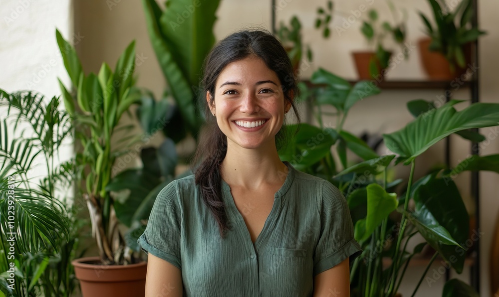 A woman is smiling and standing in front of a bunch of potted plants A woman is smiling and standing in front of a bunch of potted plants