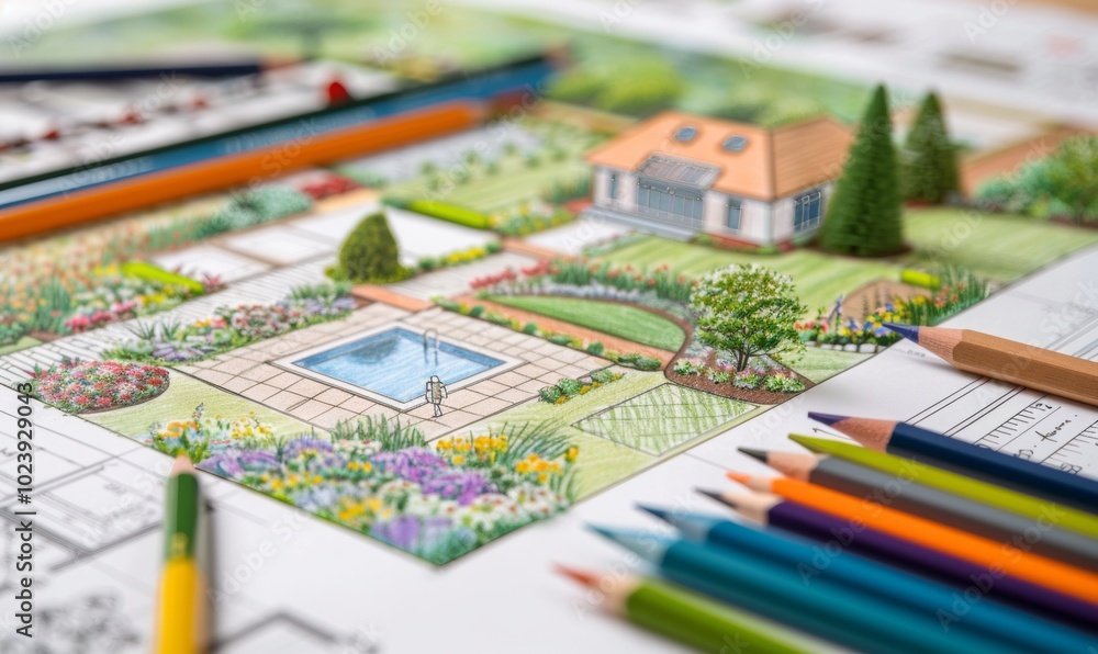 A detailed garden plan with a pool, gazebo and surrounding landscaping drawn on paper A detailed garden plan with a pool, gazebo and surrounding landscaping drawn on paper