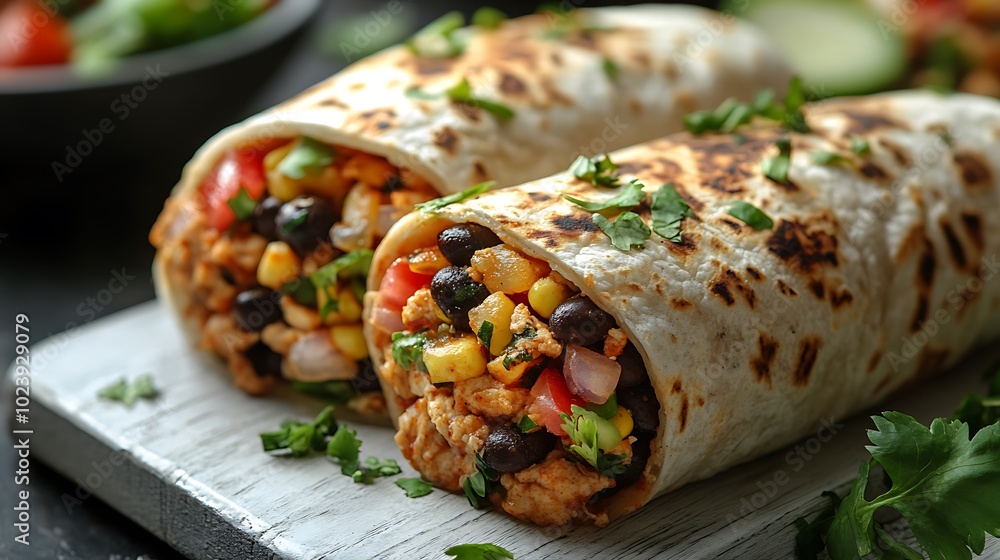 Two freshly made chicken burritos with black beans, corn, tomatoes, and onions on a white cutting board. Two freshly made chicken burritos with black beans, corn, tomatoes, and onions on a white cutting board.