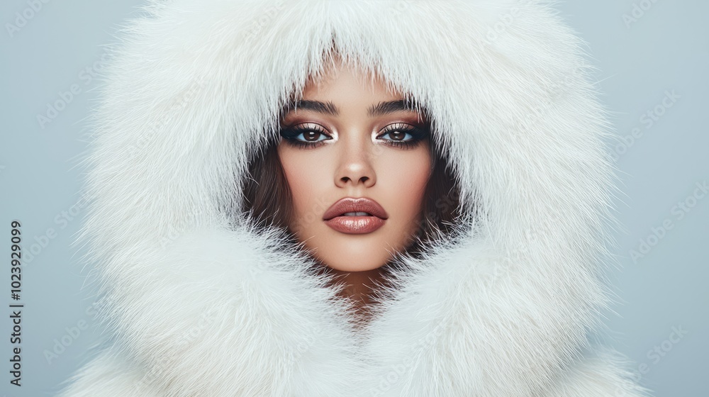 A striking portrait of a woman in a fluffy white hood, featuring glamorous makeup and captivating gaze against a soft, light background. A striking portrait of a woman in a fluffy white hood, featuring glamorous makeup and captivating gaze against a soft, light background.