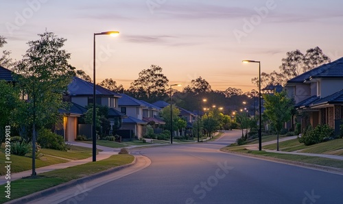 street at dusk with homes along roadside in suburb of Wallsend in Newcastle photo