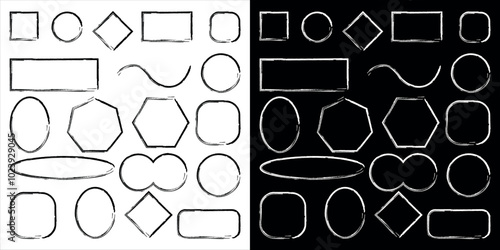 Rough Hand drawn brush frames in different shapes. Rough photo frames outline. Vector illustration isolated on white and black background.