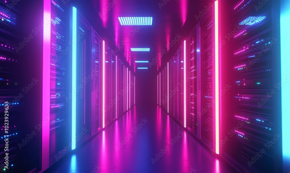 Abstract data center room with bright neon blue and pink light glowing server block Abstract data center room with bright neon blue and pink light glowing server block