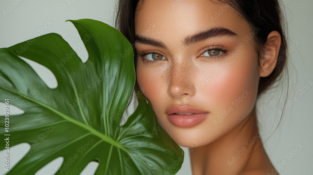 A woman with green leaves behind her. She has a greenish tint to her skin A woman with green leaves behind her. She has a greenish tint to her skin