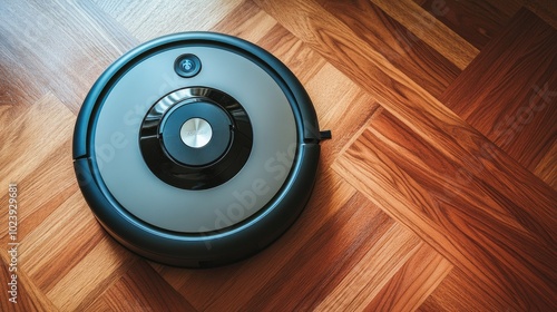 Modern Robotic Vacuum on Wooden Floor