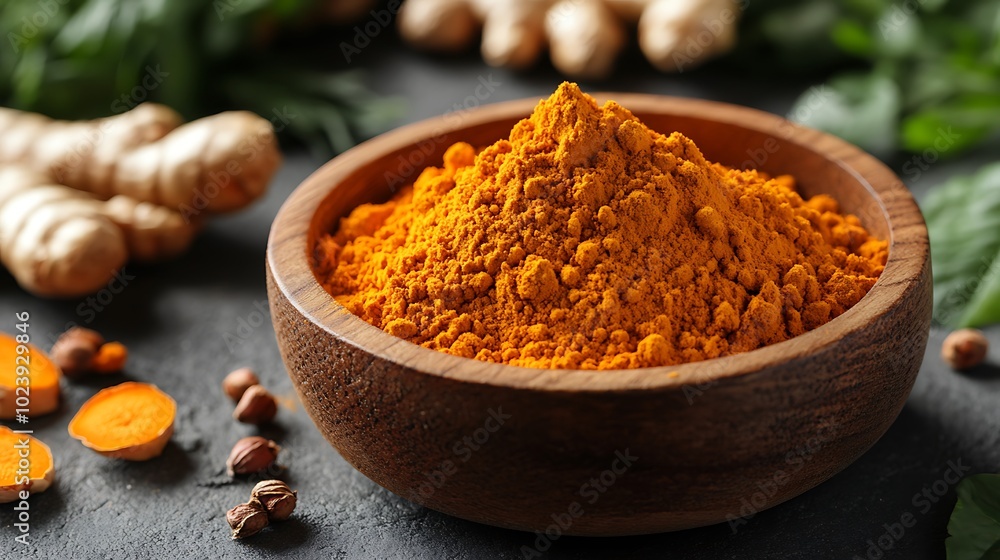 Turmeric powder in a wooden bowl with fresh turmeric root and leaves. Turmeric powder in a wooden bowl with fresh turmeric root and leaves.