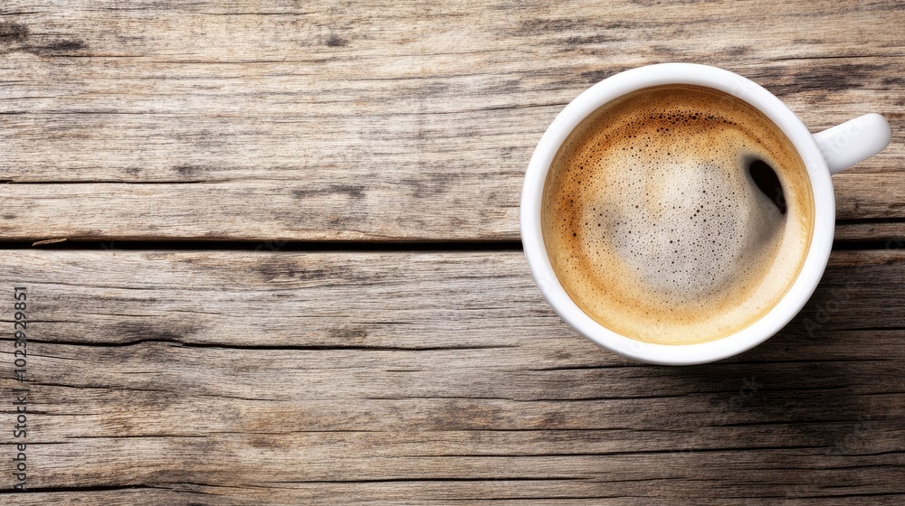 Warm Coffee in White Cup on Rustic Wooden Table Warm Coffee in White Cup on Rustic Wooden Table