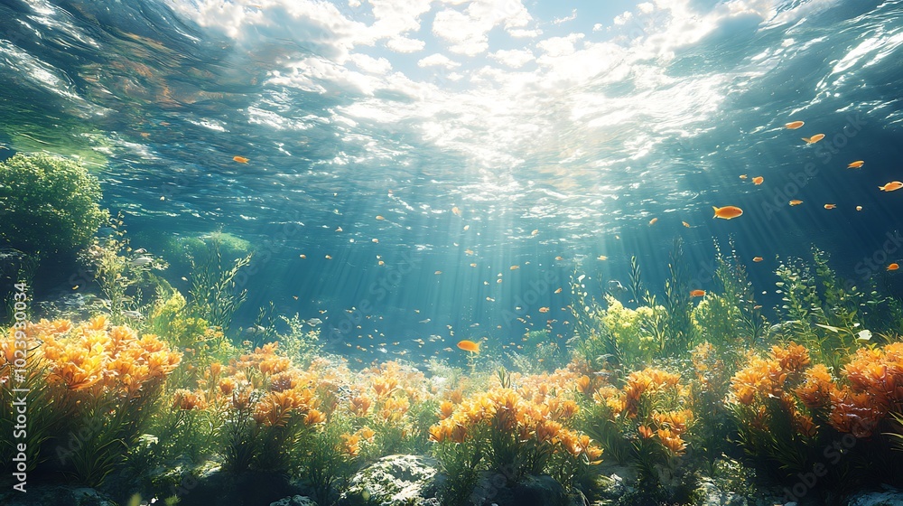 Fototapeta premium Underwater scene with sunbeams shining through the water, illuminating a vibrant coral reef and fish.