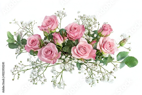 Floral arrangement of pink roses, eustoma, and gypsophila flowers, beautifully designed on a white background for romantic occasions