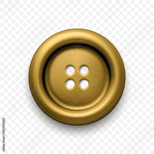Yellow Metal Clothes Button with Four Holes, Isolated. Gold Round Button Closeup, Front View. Design Template for Sewing, Fashion, Clothing Concept. Detailed Button Illustration for Craft Projects