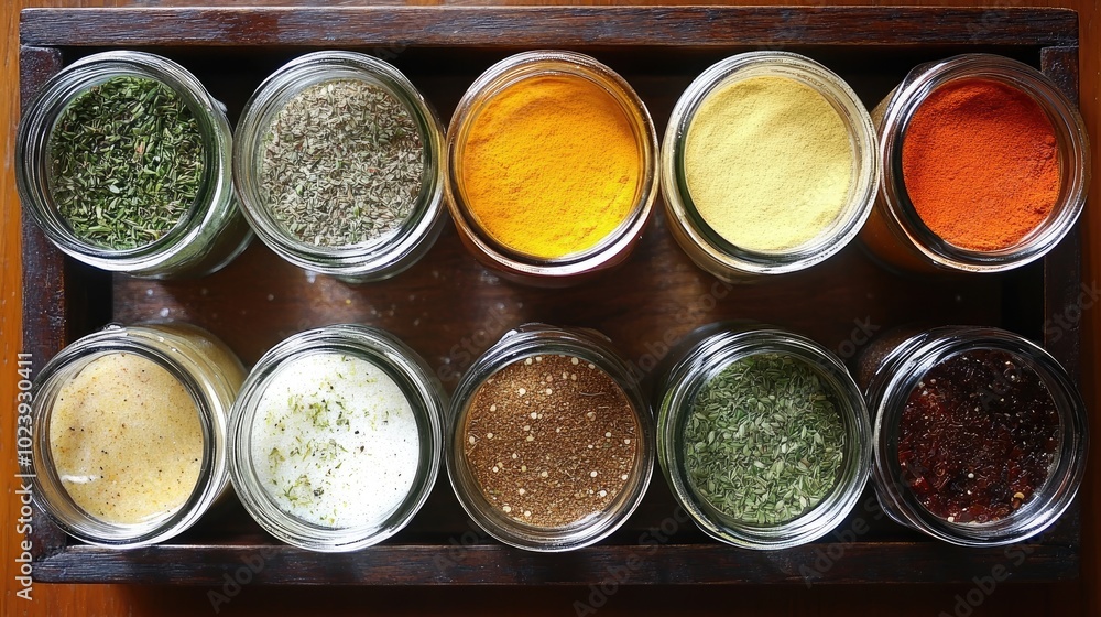 Variety of Colorful Spices in Jars on Wooden Tray Variety of Colorful Spices in Jars on Wooden Tray