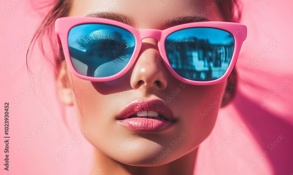 A woman wearing pink sunglasses with blue lenses A woman wearing pink sunglasses with blue lenses