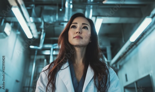 A woman wearing a white lab coat