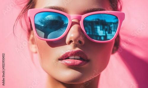 A woman wearing pink sunglasses with blue lenses