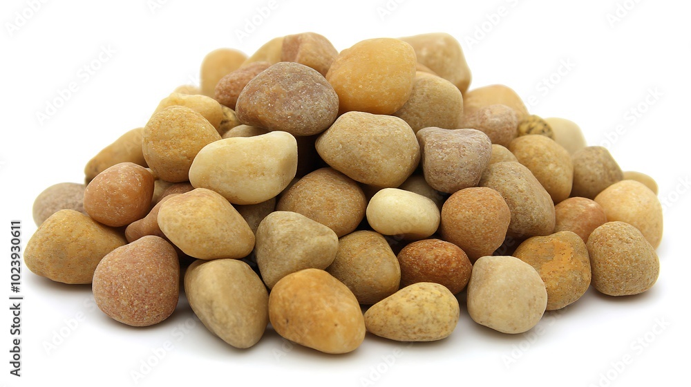 A pile of smooth, tan, rounded river rocks isolated on a white background. A pile of smooth, tan, rounded river rocks isolated on a white background.